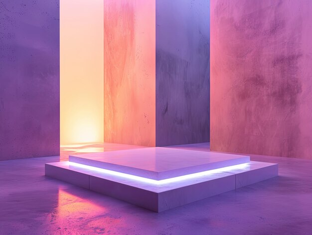 Minimale Ausstellungsszene mit einer quadratischen Plattform, weichem Neonleucht und pastellfarbenem Hintergrund ideal