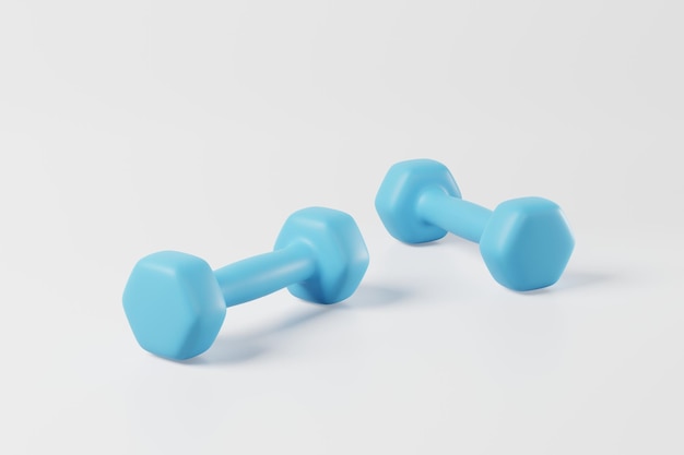 Minimale blaue Hantel isoliert auf weißem Hintergrund Krafttraining Aktivität Bodybuilding Übung tägliches Fitnessstudio und Fitness Diät für Gesundheitssport muskulöses Gebäude Gerätekonzept 3D-Rendering
