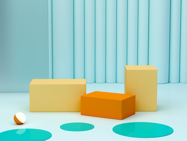 Minimale blaue Szene mit Podium und abstraktem Hintergrund Geometrische Form Pastellfarben-Szene Minimale 3D-Rendering Szene mit geometrischen gelben und orangefarbenen Formen 3D-Rendering