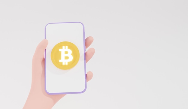 Minimale Cartoon-Hand, die Crypto-Währung oder Bitcoin-Handel auf dem Smartphone hält, kaufen, verkaufen, Austauschdatenanalyseinformationen, Finanzinvestitionshändlerkonzept, 3D-Darstellung