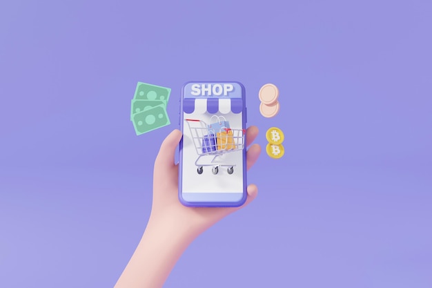 Minimale Cartoon-Hand, die Handy-Kauftrolley-Einkaufswagen-Banknote-Münzen-Bitcoin-Währung hält, die auf lila pastellfarbenem Hintergrund schwimmt Online-Shopping-Konzept 3D-Render-Illustration