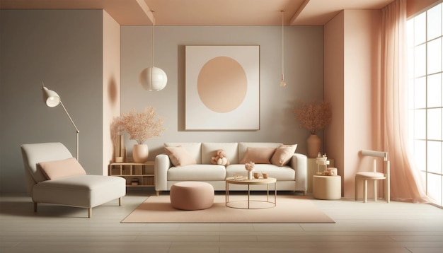 Minimale Eleganz im Pfirsich-Pastel-Wohnzimmer