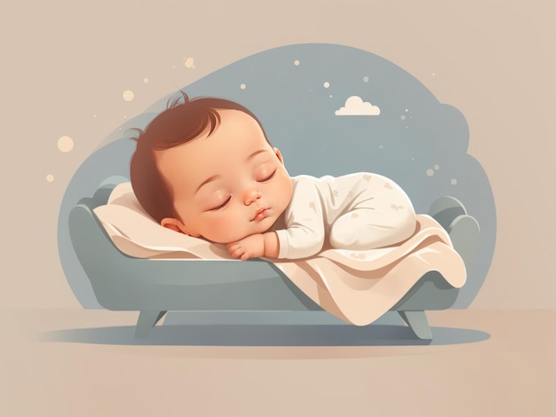 Minimale flache Vektorillustration Niedliches neugeborenes Baby, das zu Hause im Bett schläft