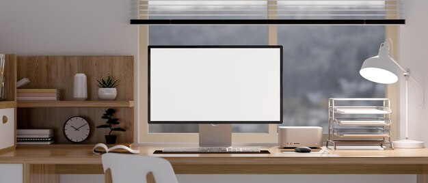 Minimale Heimarbeitsstation mit PC-Computer-Mockup-Tischlampe, Dokumentenablage und Dekor