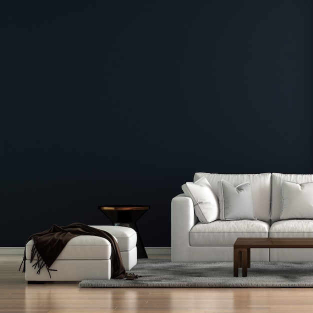 minimale Innenarchitektur des Wohnzimmers und weißes Sofa und blauer Musterwandhintergrund