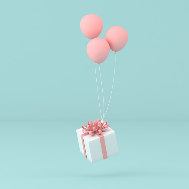 minimale konzeptionelle Vorstellung von der gegenwärtigen Schachtel, die durch Luftballons auf Pastellwand schwimmt. 3D-Rendering