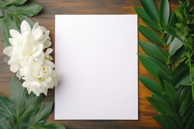 Minimale leere Papierkarte mit weißen Blumen Frühlingsferienkonzept mit Copyspace