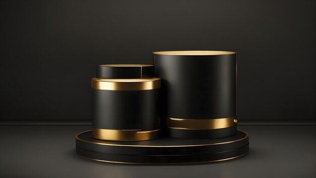 Minimale schwarze Szene mit goldenen Linien Zylindergold und schwarzes Podium auf schwarzem Hintergrund 3D s