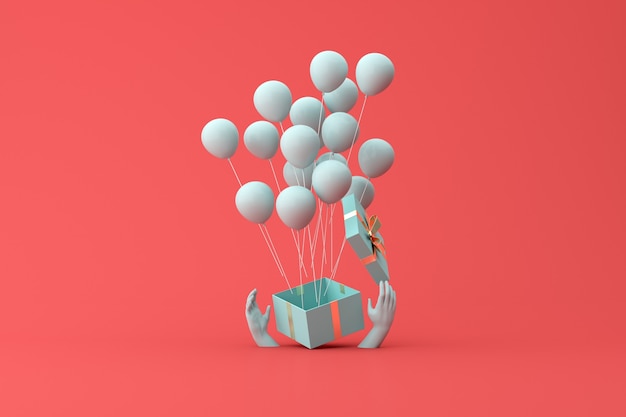 Minimale Szene aus offener Geschenkbox und schwebenden Ballons mit haltender Hand. 3D-Rendering.