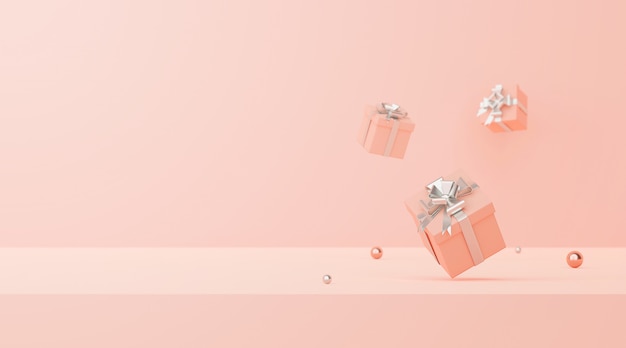 Minimale Szene der Pastellfarben-Geschenkbox auf einem rosa Hintergrund 3d-Rendering