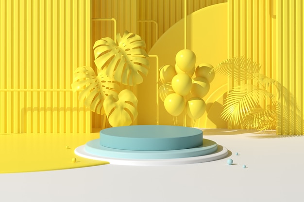 Minimale Szene des geometrischen runden Podiums mit Ballons und Pflanzen für die Produktpräsentation, 3D-Rendering.