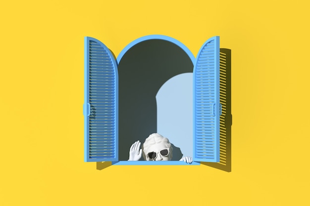 Minimale Szene des Versteckens menschlicher Skulptur in blauem Fenster auf gelbem Wandhintergrund, minimales Konzept, 3D-Rendering.