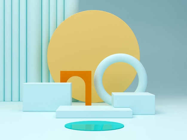 Minimale Szene mit Podium und abstraktem Hintergrund Blaue Pastellfarben-Szene Gelbe geometrische Form Minimale 3D-Rendering Szene mit geometrischen Formen blauem Hintergrund und orangefarbenem Bogen 3D-Rendering