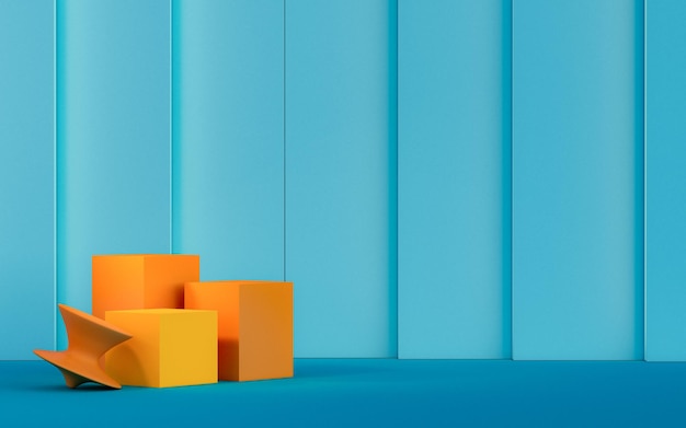 Minimale Szene mit Podium und Zusammenfassung auf orangefarbenem und blauem Hintergrund 3D-Rendering