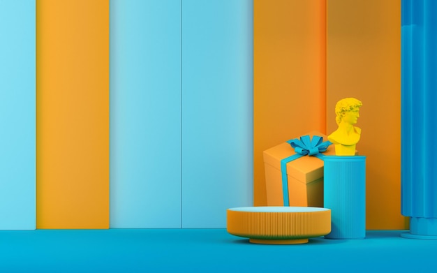 Minimale Szene mit Podiumsgeschenkbox und Zusammenfassung auf orangefarbenem und blauem Hintergrund 3D-Rendering