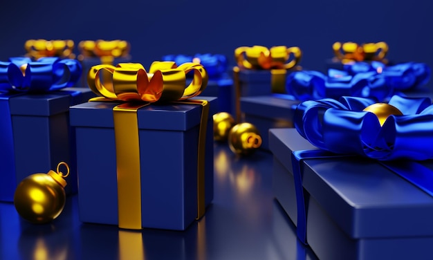 Minimale Weihnachtsdekoration und Geschenkbox mit Blur-Effekt auf 3D-Rendering 3D-Render-Weihnachtskonzept