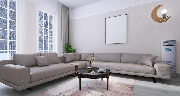 Minimale Wohnzimmer-Innenarchitektur mit Fotorahmen-Mockup-Sofa-Couchtisch-Fenstervorhängen