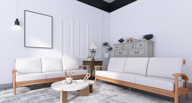 Minimale Wohnzimmer-Innenarchitekturszene mit leerem Fotorahmen-Mockup-Sofa-Couchtisch