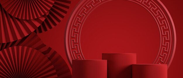 Minimaler abstrakter kosmetischer Hintergrund im chinesischen Stil roter Podiumshintergrund für Produktpräsentation 3D-Rendering-Illustration x9