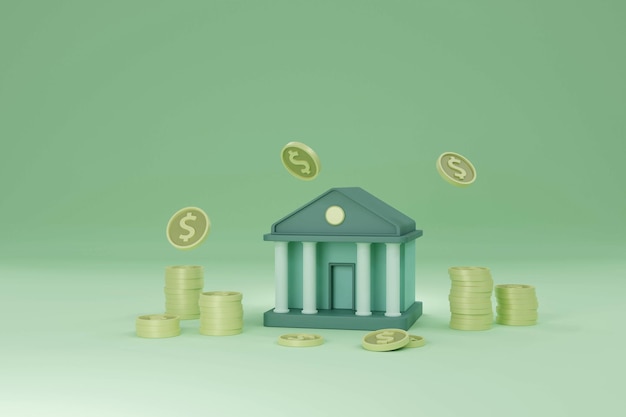 Minimaler Bankdienst mit Münzen auf grünem Hintergrund 3D-Render-Illustration
