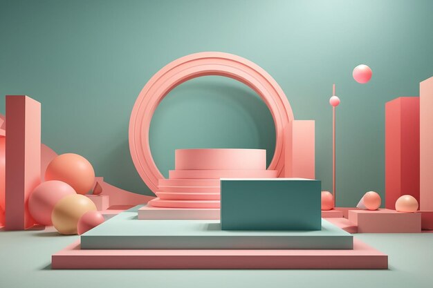 Minimaler geometrischer Podiumshintergrund in Pastellfarben für die Produktpräsentation, 3D-Rendering-Illustration