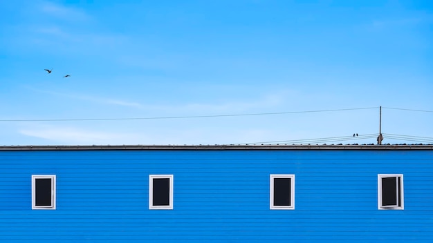 Minimaler Hintergrund des blauen hölzernen Reihenhauses mit Vogel, der auf elektrischen Leitungen gegen den blauen Himmel hockt