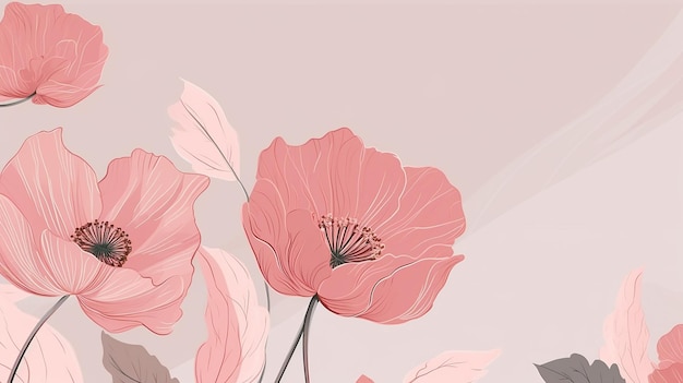 Minimaler Hintergrund in rosa Blumen und Blättern mit Skizze Generative AI