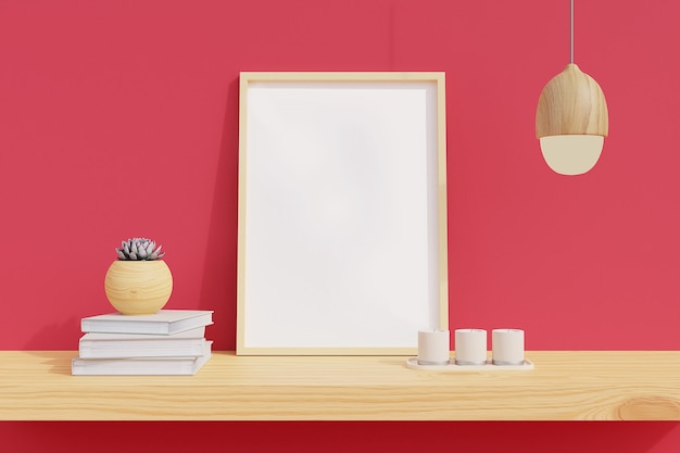 Minimaler Rahmen auf Holzregal mit Pflanzen im Raum mit rosa Wand. 3D-Rendering.