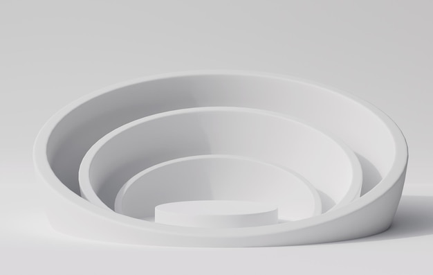 Minimaler weißer Kreis mit geometrischen Podest-Hintergrundprodukten zeigt 3D-Rendering an