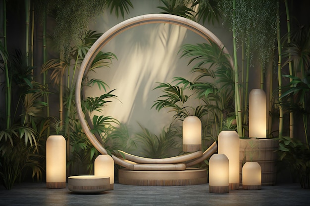 Minimales Ausstellungspodium für die Präsentation von Kosmetikprodukten mit Bambus- und Monstera-Hintergrund