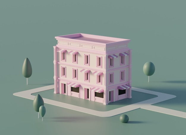 Foto minimales gebäude im rosafarbenen stil 3d-renderillustration