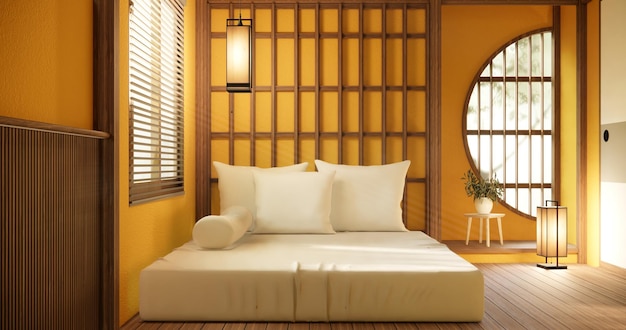 Minimales gelbes Innenmodell mit Zen-Beetpflanze und Dekoration in japanischer Schlafzimmer-3D-Darstellung