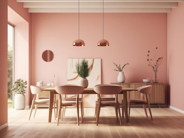 Minimales Innendesign eines modernen Esszimmers in hellen Rosatönen, dekoriert mit einfachen Möbeln mit einem Holztisch und Stühlen von Generative AI