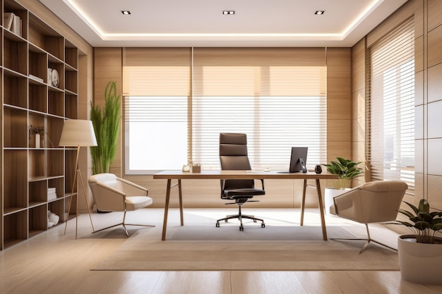 Minimales Interieur, moderner Büroraum mit beigefarbenem, gemütlichem Farbton, dekoriert Generative Ai