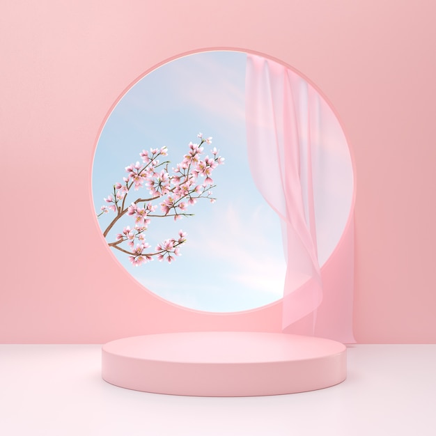 Foto minimales pastellfarbenes produktdisplay-podest mit blütenblumen auf rosa hintergrund