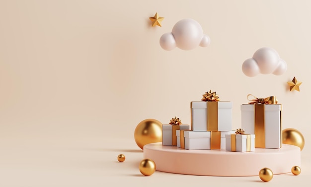 Minimales Produktpodium mit Geschenkboxen und Wolken in Happy New Year oder Ramadan Festival auf korallenfarbenem Hintergrund Holiday Concept 3D Illustration Rendering