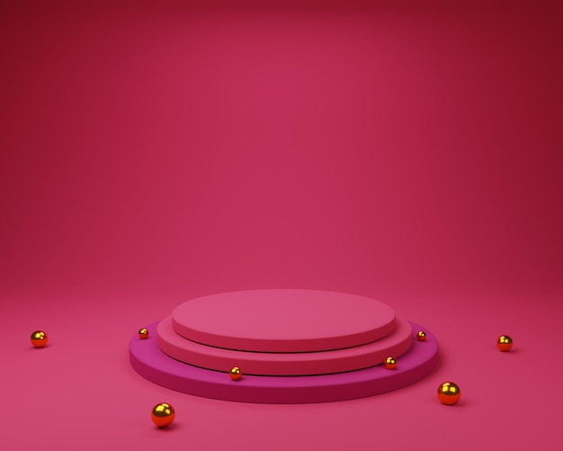 Minimales rosa Podium 3d mit goldenen Kugeln auf rosa