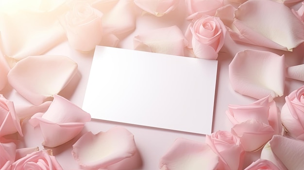 Minimales Valentinstagskarten-Design mit Leerraum und rosa Rosenblättern Mockup-Bild