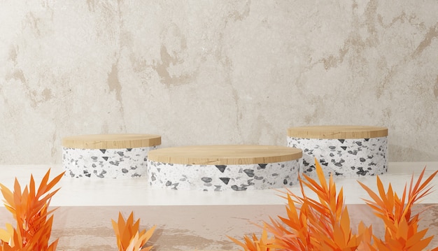 minimales weißes Terrazzo-Podium mit Blättern und Marmorhintergrund Premium-Foto
