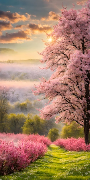 Minimalismo de paisagem de primavera e natureza com árvores em flor