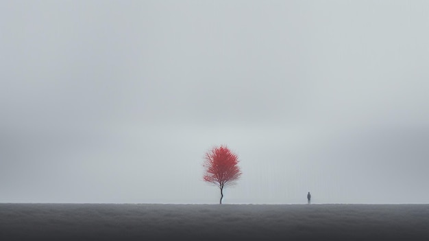 Minimalismo etéreo Una persona pequeña en medio de un árbol rojo