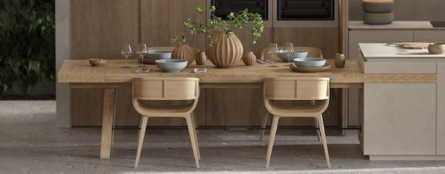 Minimalismo interior moderno diseño escandinavo cocina y comedor 3d render 3d ilustración