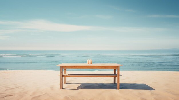 Minimalismo japonés Visuales serenos de una mesa en una playa de arena