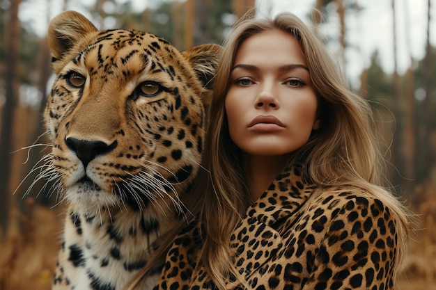 minimalismo una mujer en un traje de impresión de leopardo está al lado de un leopardo