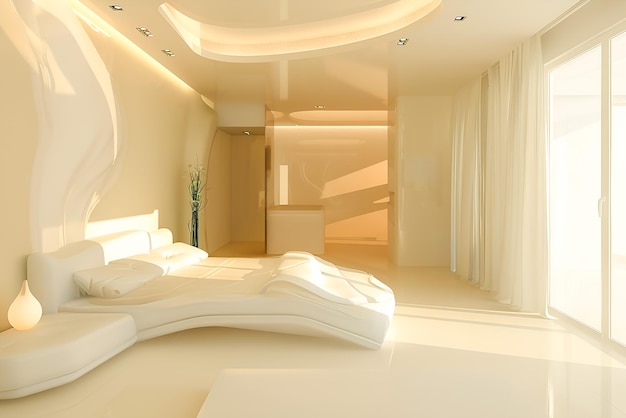 El minimalismo de la nueva era en el interior de una sala de estar moderna en colores monocromáticos claros