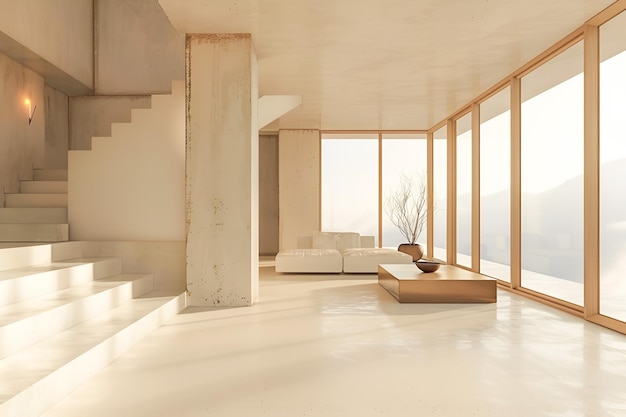El minimalismo de la nueva era en el interior de una sala de estar moderna en colores monocromáticos claros