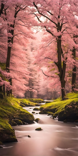 Minimalismo de paisaje de primavera y naturaleza con árboles en flor