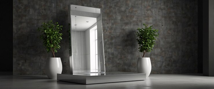 minimalismo panel de vidrio telón de fondo de hormigón centro de atención diseño de producto estética de vitrina moderna
