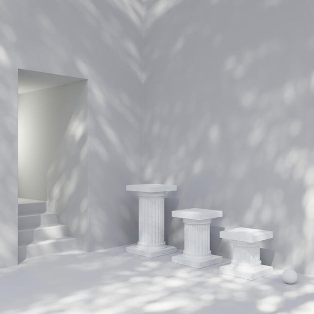 Minimalismo paso 3 podio de exhibición de columna romana de mármol blanco con representación 3D de pasillo y escaleras