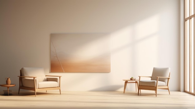 Minimalismo Zen Sala de estar llena de luz con formas orgánicas y paisajes nebulosos